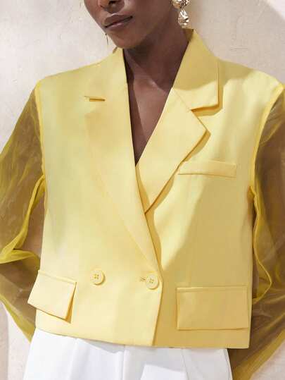 Aveloria Modichic Blazer corto de tela transparente con patchwork amarillo, diseño cruzado, estilo minimalista y moderno, versátil para ir al trabajo y usar en primavera/verano