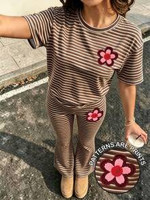 Teenage Girls'cute Brown Summer Back-To-School Holiday Stripe Short Sleeve Round Neck T-Shirt & Floral Print Pants Set,Khaki Casual Daily Wear - Multicolor - View 3