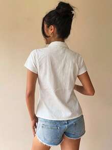 2026 Blusa casual ajustada de manga corta de mezclilla azul para mujer - Blanco - Ver 2