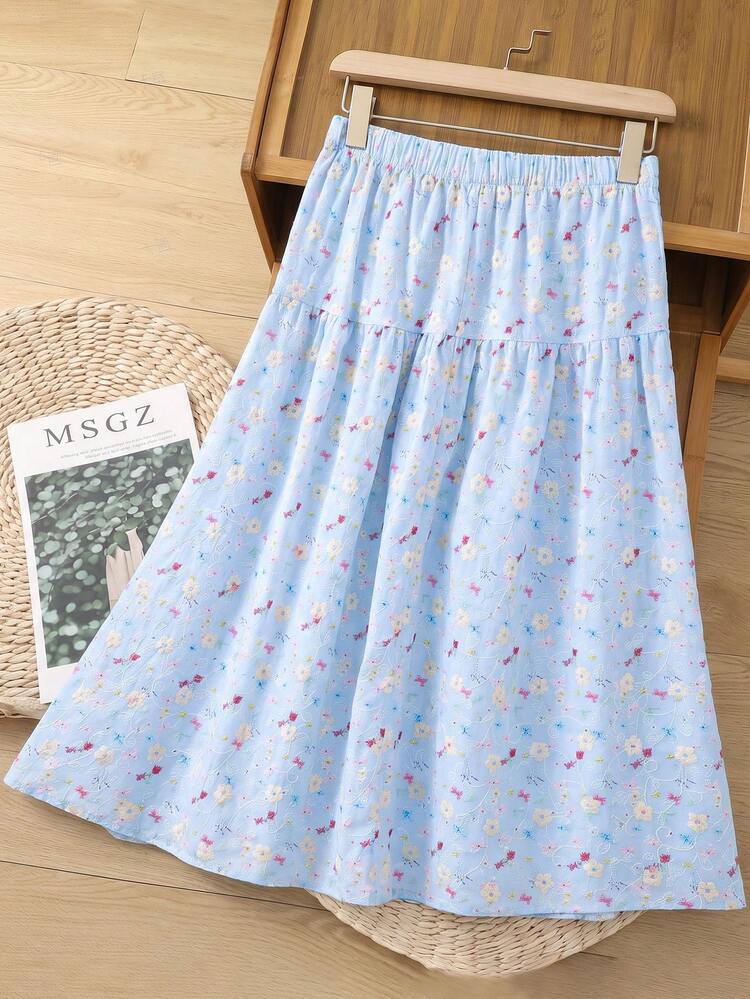 Plus Size Women Floral Print Lace Fashionable Versatile Skirt
