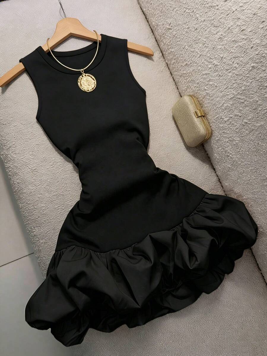 GlowEve 女士撞色泡泡下摆针织连衣裙,收腰设计,优雅修身A字廓形,适合婚礼等场合 - 黑色 - 查看 1