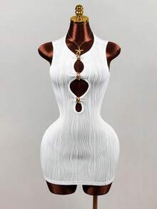 Mistrie Elegant Sexy Fashion Hollow Textured White Mini Sleeveless Dress Metal Decor Button Summer Techno Club Night Out Rave Suitable For Party Vacation - White - View 3