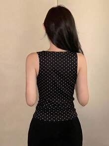 DAZY Women's Polka Dot Print Ruched V-Neck Sleeveless Casual Tank Top, Summer - Black - View 5