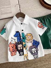 SHEIN Set de 2 piezas de camisa de manga corta con estampado de letras y pantalones cortos de cintura elástica, estilo casual y chic para niño/niña, adecuado para primavera/verano, apto para juegos al aire libre - Multicolor - Ver 6