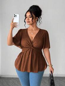 Elenzga Áo kiểu nữ cỡ lớn thanh lịch màu đen chấm bi hoa văn bằng chiffon, vạt xoắn, đa năng, thích hợp mặc đi làm, chất liệu mùa xuân/hè, áo chiffon casual cho kỳ nghỉ, áo màu xanh lá cây, phù hợp cho lễ tốt nghiệp, Ngày Valentine, lễ hội âm nhạc, Ngày của Mẹ, Halloween, Lễ Tạ ơn, Lễ Phục sinh, Ngày Quốc khánh, dạ hội, tiệc hẹn hò, mùa cưới, các chuyến đi ngoài trời. - màu nâu - Xem 3