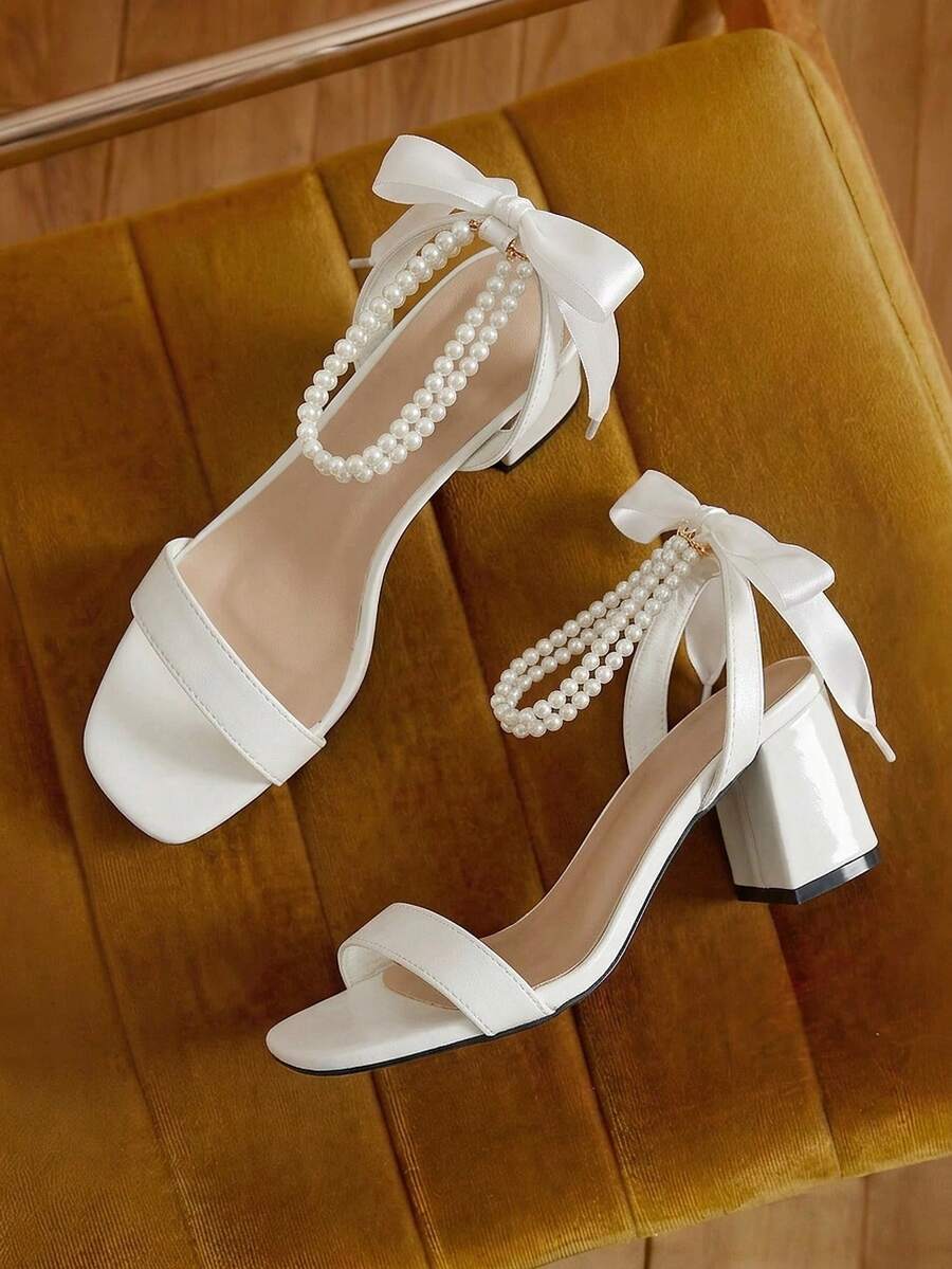 Eladyva Giày sandal cao gót đế dày màu trắng đính nơ ngọc trai giả, kiểu dáng đơn giản, thích hợp cho ngày Valentine hoặc mùa xuân hè. - trắng - Xem 1