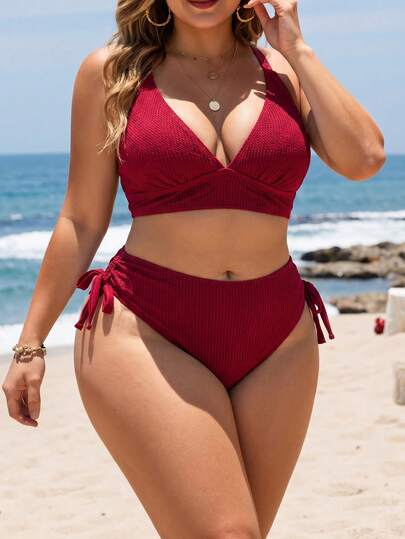 Swim Vcay 2026 New Summer Vacation Adjustable Plus Size Textured Fabric Swimsuit Set