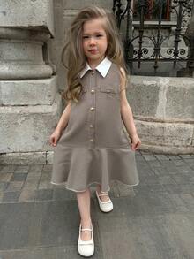 Dazy Kids Young Girl Colorblock Houndstooth Print Lapel Single-Breasted Ruffle Hem Dress Summer - Khaki - View 8