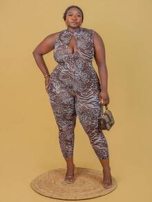 CurvyTilda Combinaison transparente sexy à imprimé animal et ajourée, grande taille. Tenue pour le Nouvel An, soirée, bal de promo, imprimé léopard. Tenue de club sexy pour femmes, pour une silhouette en sablier. - Multicolore - Voir 7
