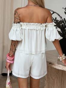DAZY 2pcs Women's White Ruffled One-Shoulder Blouse Set, Loose Fit - White - View 2