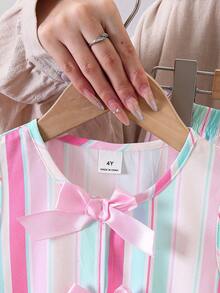 SHEIN Elladie kids 女童彩色条纹两件套，粉色蝴蝶结装饰无袖上衣+配套阔腿裤，面料柔软舒适，适合女孩日常、上学、度假、派对、海滩、夏季穿着 - 彩色 - 查看 5
