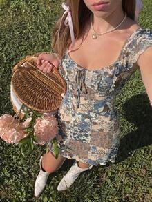SHEIN MOD 女士休闲碎花短裙，夏季 - 卡其色 - 查看 3