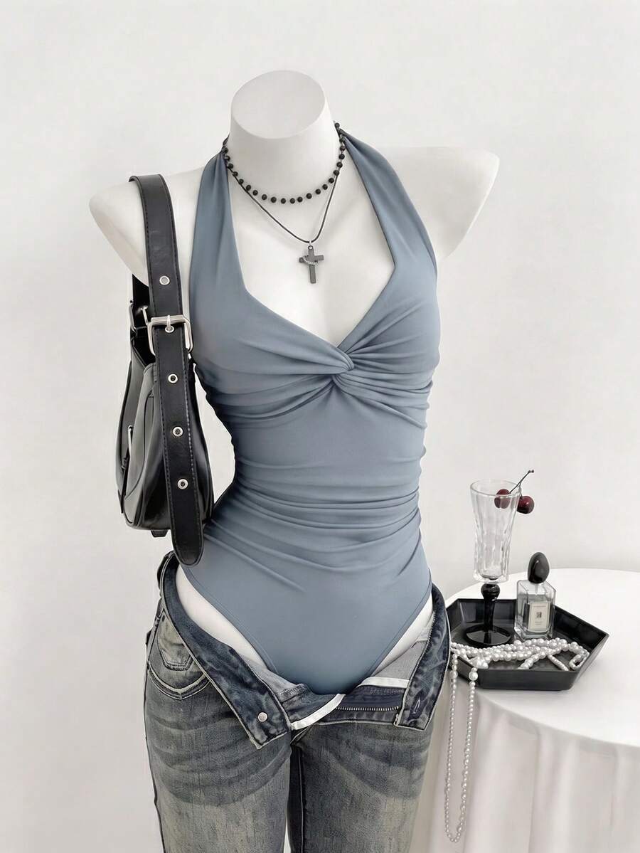 Elamini Bodysuit Feminino Decote em V com Nó na Frente, Minimalista e Sexy, Primavera/Verão - Azul Empoeirado - Visão 1