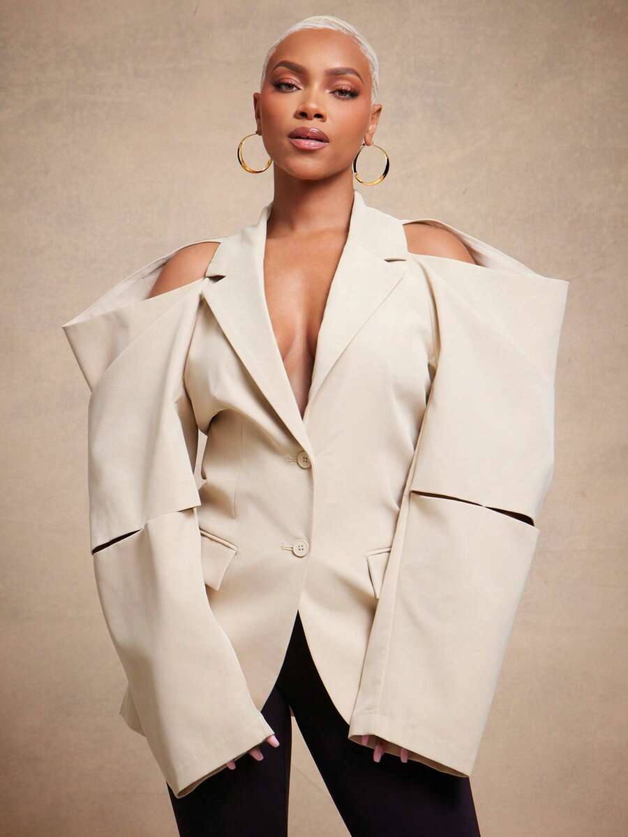 Vixey Cold Shoulder Pleated Long Sleeve Collared Blazer - Khaki - View 1