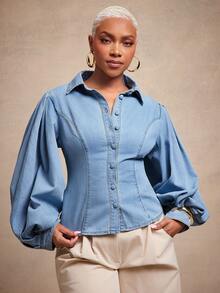 Vixey Balloon Sleeve Button Up Collared Denim Shirt - Light Wash - View 5