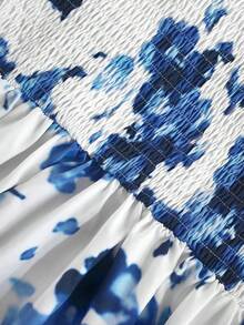 SHEIN Franclia Women's White And Blue Floral Ruffle-Sleeve Elegant A-Line Long Dress, Summer Tropical Holiday Vacation Tea Party Spring Getaways Outfit - Blue and White - View 6