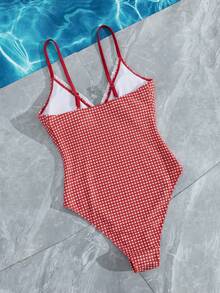 Swim Mod Áo tắm một mảnh nữ kiểu dáng retro họa tiết kẻ caro nâu, cổ chữ V phối bèo nhún, dây mảnh, lưng hở, buộc dây phía trước, lý tưởng cho thể thao & bãi biển, kỳ nghỉ xuân & hè. Đồ bơi 2026. Áo tắm kiểu Pháp. Áo tắm mùa hè kiểu Châu Âu. Trang phục mùa hè. - Nhiều màu - Xem 5