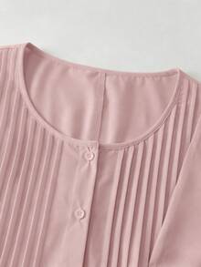 SHEIN LUNE CURVE Áo sơ mi nữ cỡ lớn cổ tròn cài cúc, thích hợp cho mùa xuân/hè. - Hồng - Xem 5