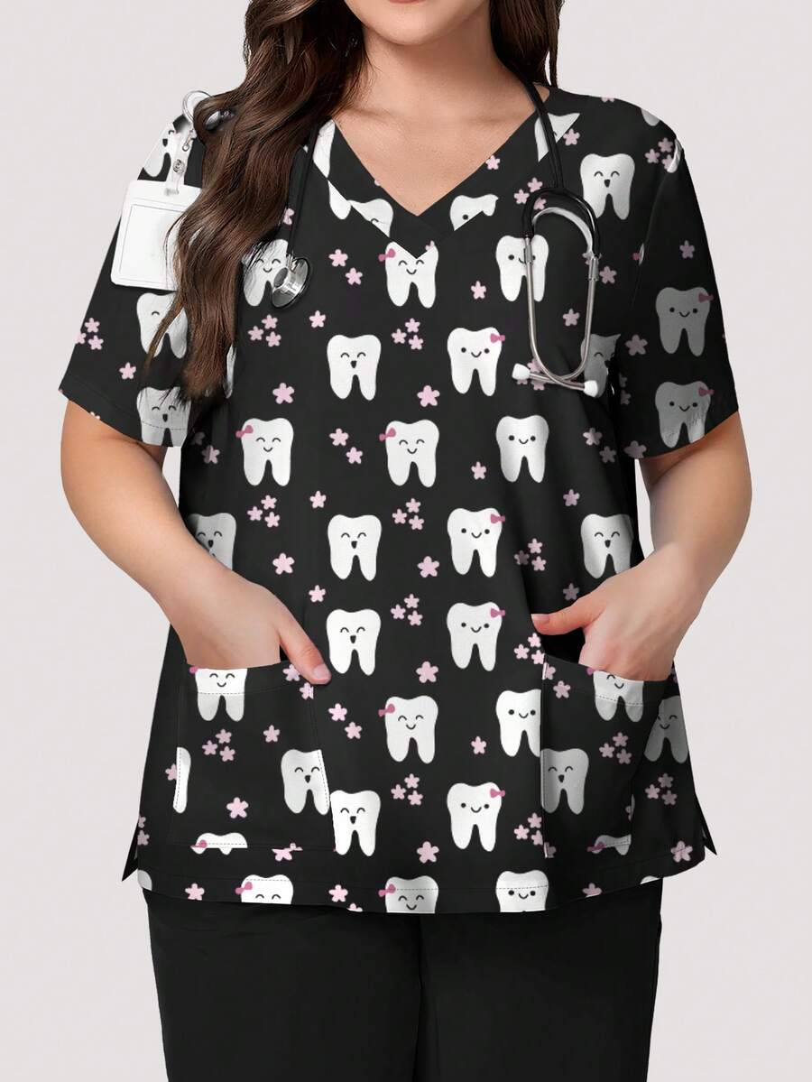 PopScrub Blusa de uniforme de bolsillo con estampado de dibujos animados de manga corta para mujer de talla grande - Multicolor - Ver 1