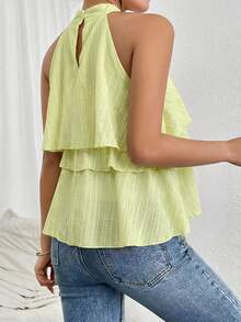 Firerie Loose Neck Ruffle Asymmetrical Chiffon Blouse,Summer Top - Green - View 3