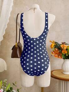 Swim Mod Women's One-Piece Swimsuit, Sexy Tropical Casual Vacation Minimalist Navy Blue Polka Dot Pattern With Ruched Adjustable Straps, Spring/Summer Beach - Multicolor - View 2