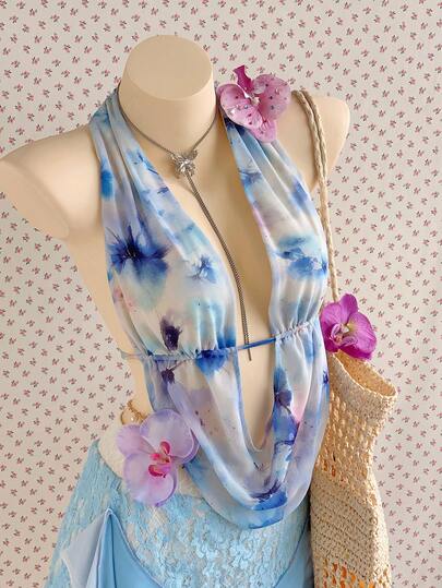 Comfortcana Conjunto de 2 piezas sexy con top de cuello drapeado con estampado floral y minifalda de encaje en contraste