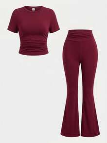 Teen Girl Spring Summer Streetwear Holiday Ruched Short Sleeve Round Neck T-Shirt & Waist Ruched Flare Pants 2-Piece Set,Daily School Basic Pant Suit - Burgundy - View 5
