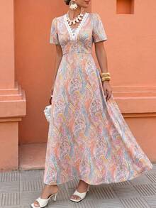 Selianne Elegant Sexy Boho Holiday Bohemian Pastal Cashew Flower V-Neck Ruffle Elastic Waist Women Long Dress Tea Party Vacation Golf Summer Blue And Yellow - Multicolor - View 1