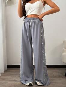 SHEIN Women, Spring, Summer Loose Fit Pearl Detail Drawstring Waist Wide-Leg Pants - Grey - View 2