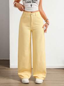 SHEIN ICON Women's Casual Commuting Minimalist Solid Color Loose Wide-Leg Jeans Everyday Yellow Summer - Yellow - View 1