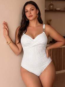 Swim Chiccia Plus Size One-Piece Swimsuit, White Special Fabric, Elegant European And American Fashion Series - White - View 3