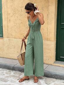 Serisse Women's Solid Color Tassel Design Casual Jumpsuit Pants For Daily Wear - Green - View 3