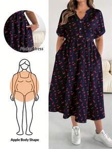 EMERY ROSE Elegant Minimalist Cherry Print Plus Size Women's Short Sleeve Casual Dress, Suitable For Spring And Summer, Navy Blue Dress - Multicolor - View 1