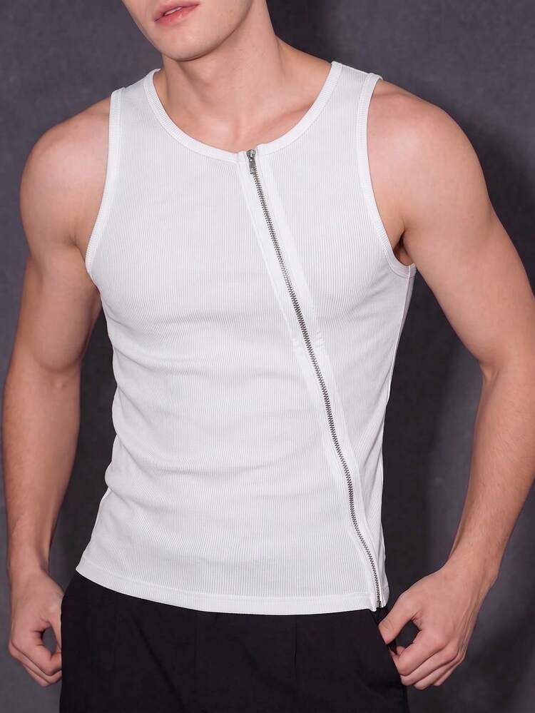 Manfinity Dauomo 男士夏季无袖背心 - 罗纹前拉链修身款，健身训练运动上衣 - 白色 - 查看 6
