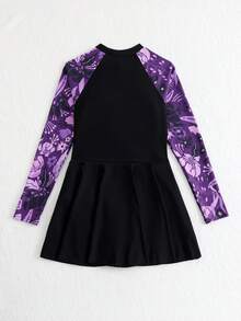 SHEIN 少女连体泳衣，保守度假风热带花卉针织面料，长袖拉链连衣裙款式，端庄优雅，适合游泳、夏季度假、海滩、泳池、节日派对等场合。 - 黑色 - 查看 2