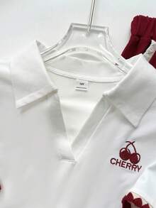 SHEIN 2件套少女春夏休闲时尚撞色翻领花卉刺绣袖口搭配弹力腰阔腿裤，适合日常、通勤、休闲、度假、朋友聚会、街头风格 - 白色 - 查看 4