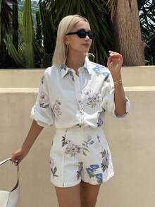 Livesso Conjunto de 2 piezas de top sin mangas con cuello blanco de algodón y estampado, y shorts casuales, adecuado para fiestas, playa, vacaciones, atuendos de verano para mujeres - Blanco - Ver 6
