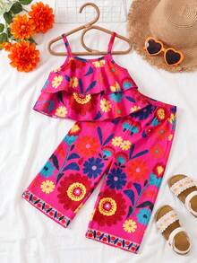 SHEIN Playful Pals 两件套女童碎花宽松吊带背心+裤子，度假风休闲夏季套装。色彩缤纷的碎花吊带背心套装，采用舒适透气的面料，宽松版型设计，适合女孩日常穿着、户外玩耍或家庭聚会。 - 彩色 - 查看 4