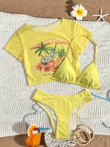 SHEIN 3件套少女水果印花网纱透视T恤和挂脖比基尼套装，夏季休闲装，适合度假、海滩、休闲场合，黄色花卉印花比基尼套装，泳裤，T恤 - 黃色 - 查看 1