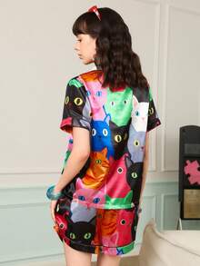 Conjunto de pijama de mujer con estampado de gato lindo y enérgico, con cuello de solapa - Multicolor - Ver 3