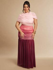 SHEIN BAE Đầm dự tiệc lưới ombre thanh lịch cỡ lớn - Bụi hồng - Xem 6