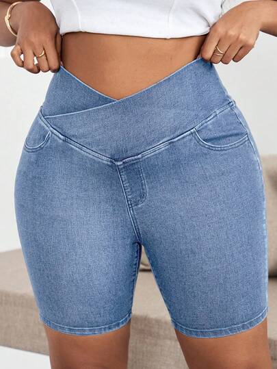 Dripcurv Quần short denim co giãn cỡ lớn dành cho nữ, kiểu dáng ôm sát thoải mái, quần legging ngắn co giãn dệt kim denim, quần short đạp xe siêu ngắn, trang phục thường ngày, thể thao yoga, kiểu dáng ôm sát cạp cao chéo.