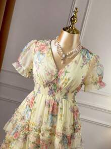 SHEIN Clasi New Short Sleeve Cake Tulle Floral Dress, Suitable For Birthday Party, Afternoon Tea Gathering, Valentine's Date, Wedding, Evening Party - Light Yellow - View 6