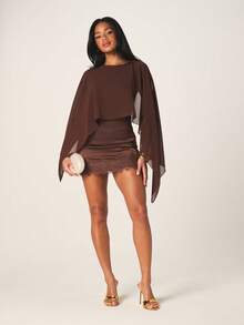 MISSGUIDED Women's Brown Chiffon Cape Bodysuit With Lace Hem Detail And Draped Overlay For Evening Special Occasions - Coffee Brown - View 4