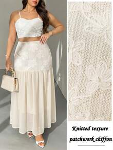 Modelyn Plus Size Women Vacation Embroidered Camisole And Mesh Patchwork Skirt Set - Apricot - View 5