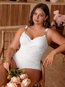 Swim Chiccia Plus Size One-Piece Swimsuit, White Special Fabric, Elegant European And American Fashion Series - White - View 4