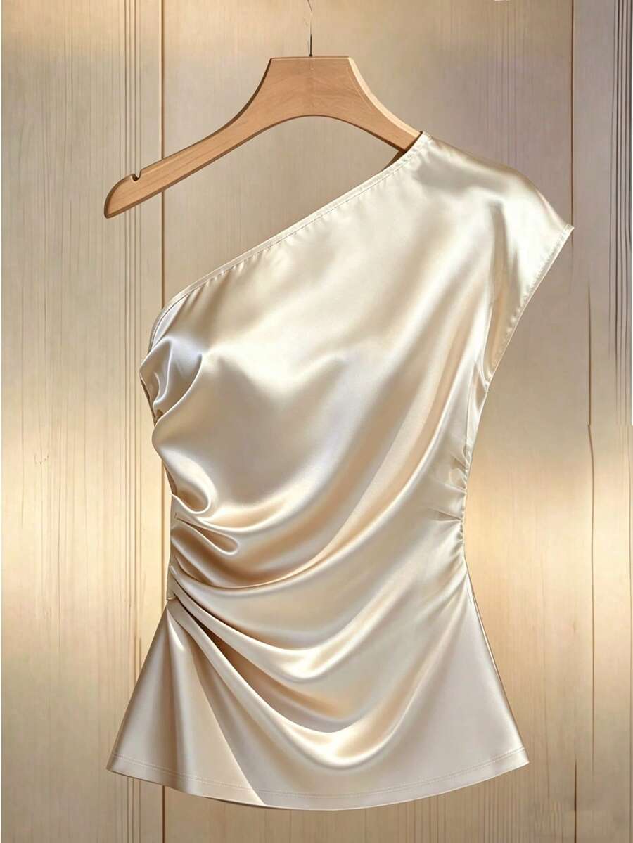 Franclia Áo kiểu nữ thanh lịch bằng vải satin trơn màu kiểu Pháp, xếp ly vai và nhún eo, thích hợp cho mùa xuân/hè, tiệc tùng, đi biển, trang trọng, thường ngày, lãng mạn, ngày Valentine, hẹn hò, mùa tốt nghiệp, thời trang thường ngày, công sở, đa năng, trang phục công sở cho giáo viên thành thị.