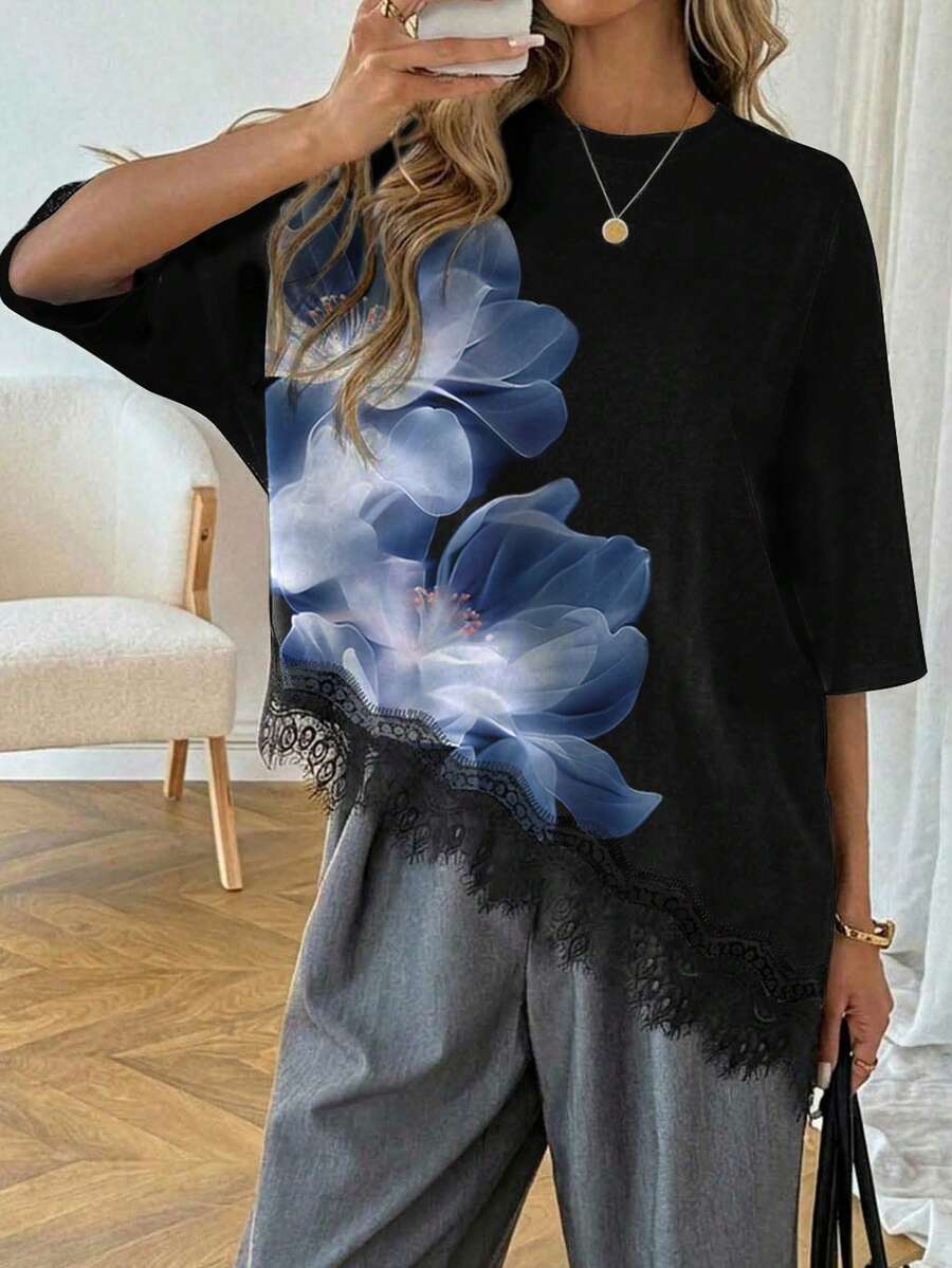 Modelyn Áo thun nữ màu trơn, vạt áo bất đối xứng, phối ren, kiểu dáng thường ngày, đa năng, thích hợp mặc đi nghỉ mát, hè, xuân, nghỉ xuân và nhiều dịp khác, bao gồm váy đi biển, áo sơ mi thường ngày, áo khoác ngoài và áo mùa hè. - Nhiều màu - Xem 1