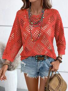 SHEIN Holidaya 女士纯色镂空蝙蝠袖宽松休闲毛衣 - 紅色 - 查看 5