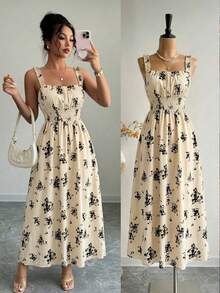 SHEIN Raffinéa Đầm maxi dáng chữ A không tay màu đen in hoa, thanh lịch, kiểu dáng thường ngày dành cho nữ, thích hợp cho kỳ nghỉ hè, có xếp ly ở ngực và dây rút ở eo. - Màu be - Xem 3